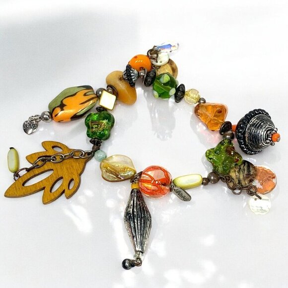 Treska Jewelry Botanical Beaded Charm Bracelet Orange Green Silver Art Glass - Picture 1 of 5